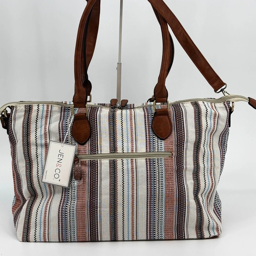 Jen & Co River Weekender Womens Large Striped Canvas Vegan Leather Tassel Boho